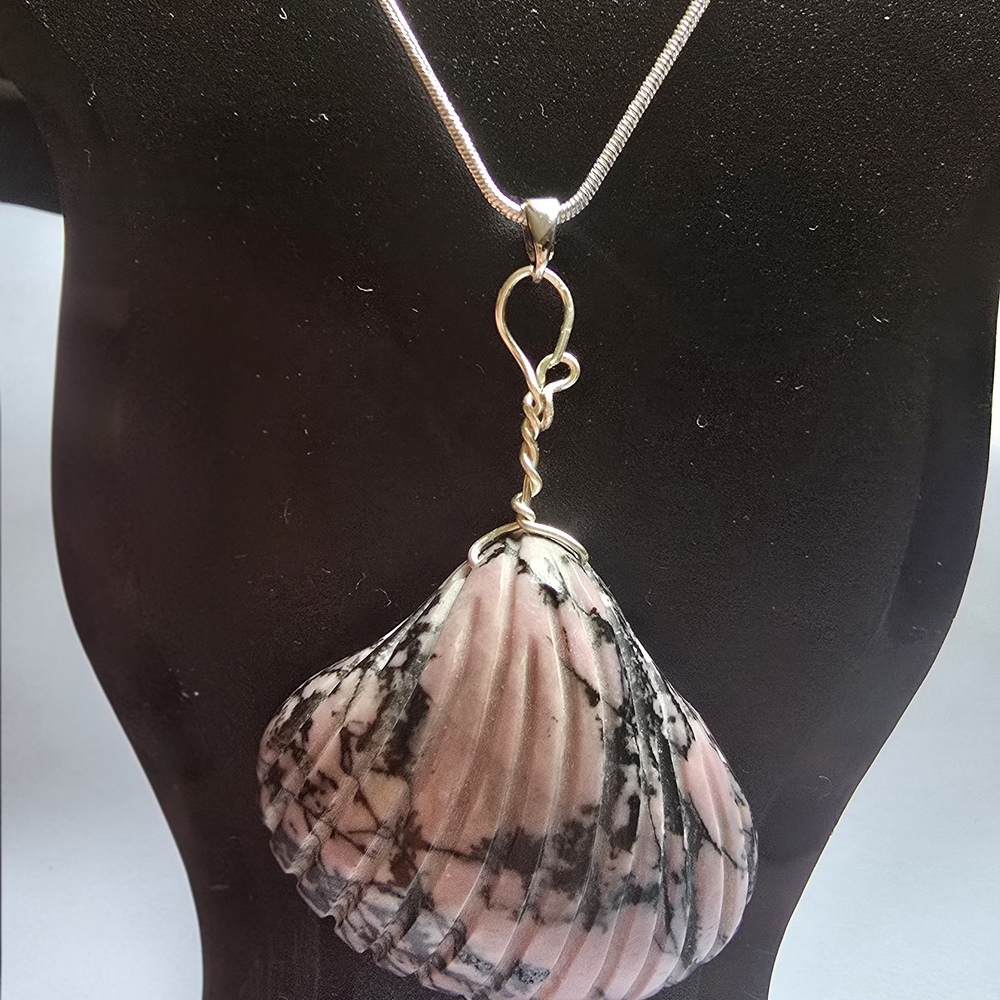 Rhodonite Stone Pink and Black Shell Pendant Necklace